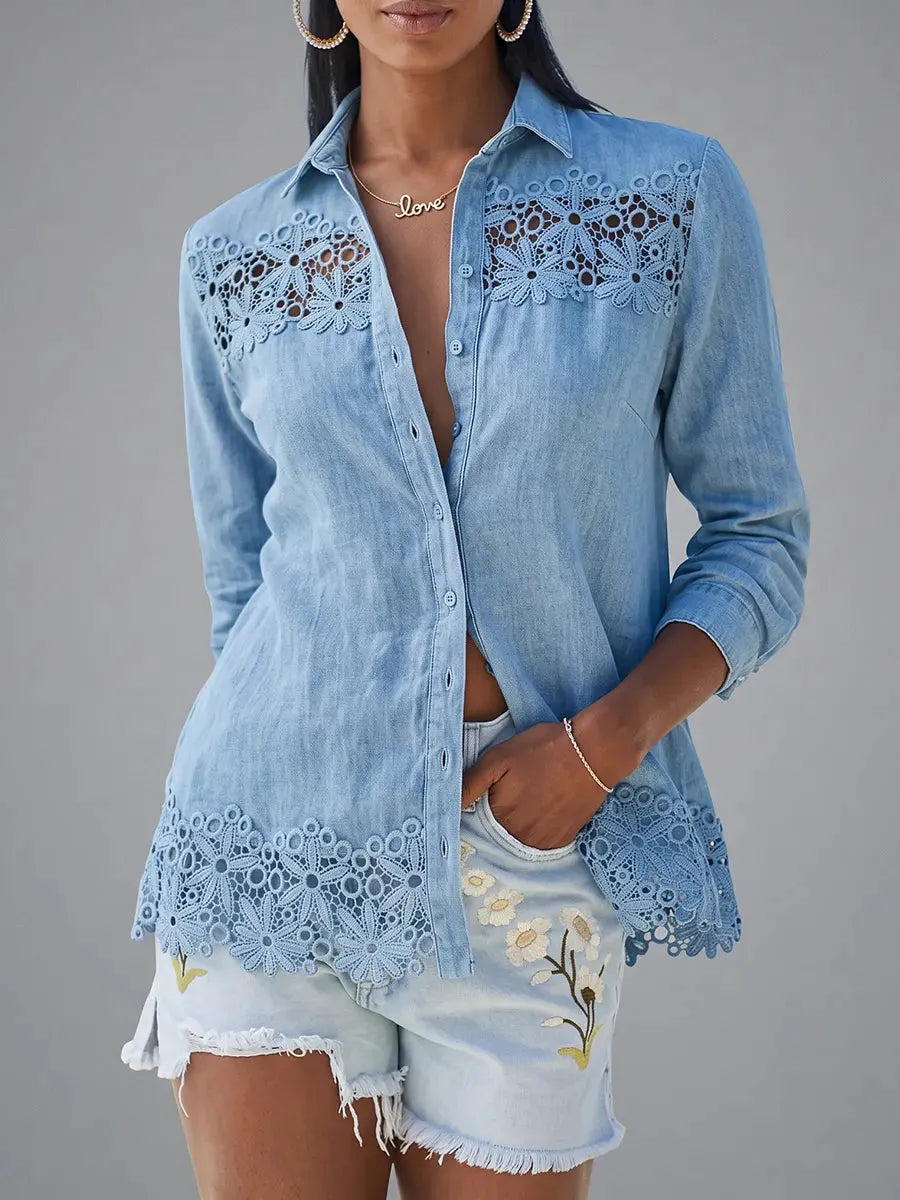 Boho-Chic Comfortable Denim Lace Trim Button-Down Shirt