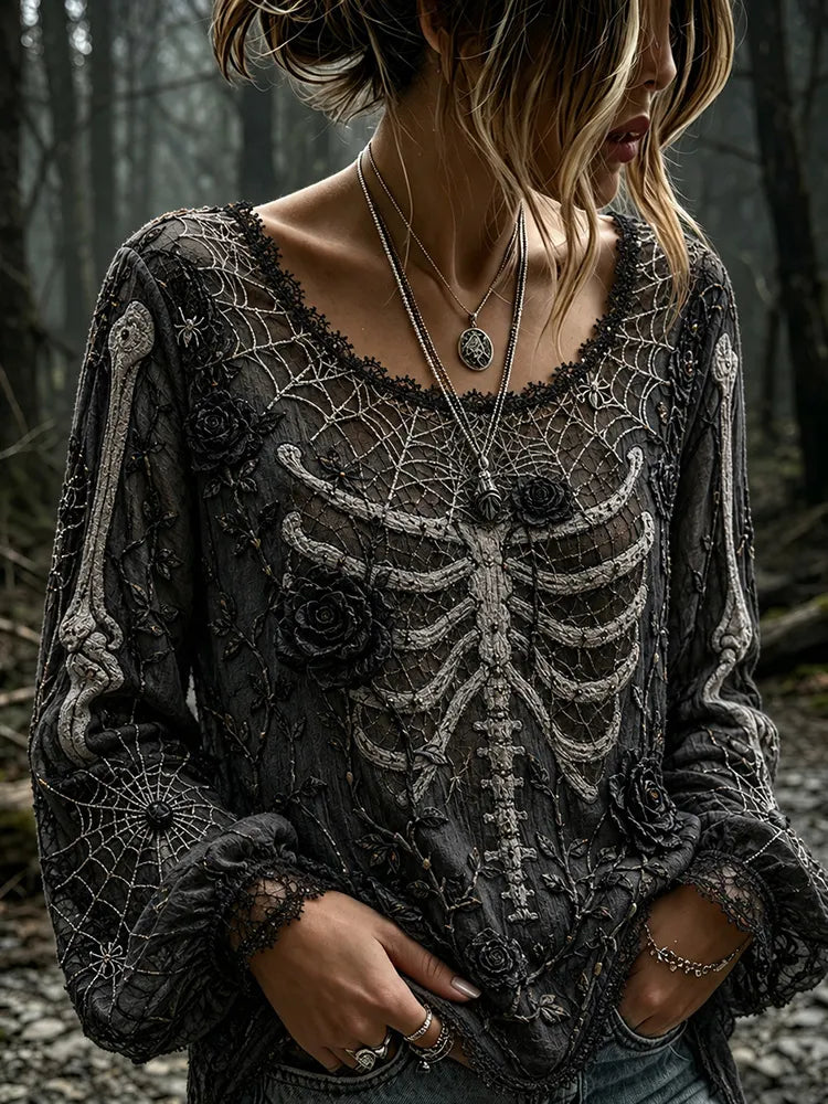 Women's Vintage Halloween Human Skeletal And Rose Art Long Sleeve T-shirt