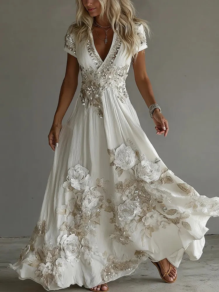 Women's Vintage Boho Floral Art Short-sleeved Maxi Dress