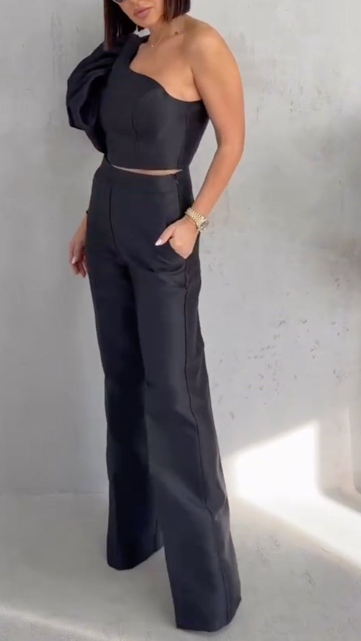 One Shoulder Puff Sleeve Crop Top & Straight Pants Two Piece Set