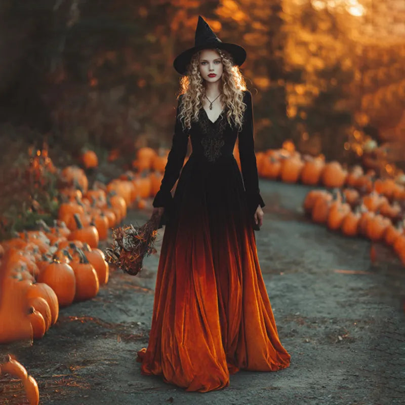 Women's Vintage Halloween Gradient Art Comfy Velvet Maxi Dress
