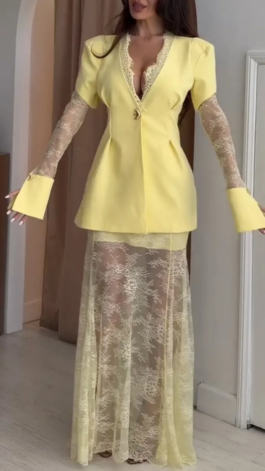 Lace‑Insert Blazer & Sheer Lace Maxi Skirt Co‑Ord Set