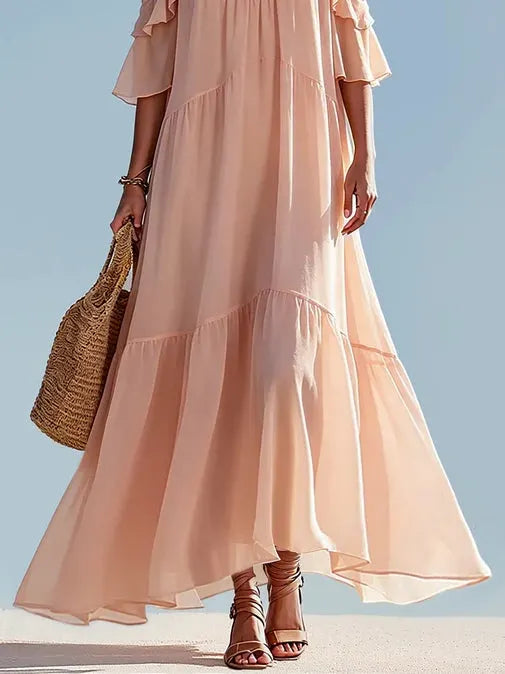 Dreamy Pink Off-shoulder Chiffon Ruffled Maxi Dress