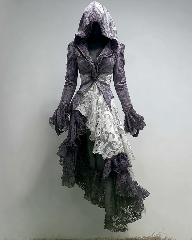 Halloween Themed Irregular Gradient Lace Patchwork Hooded Dress 5f57