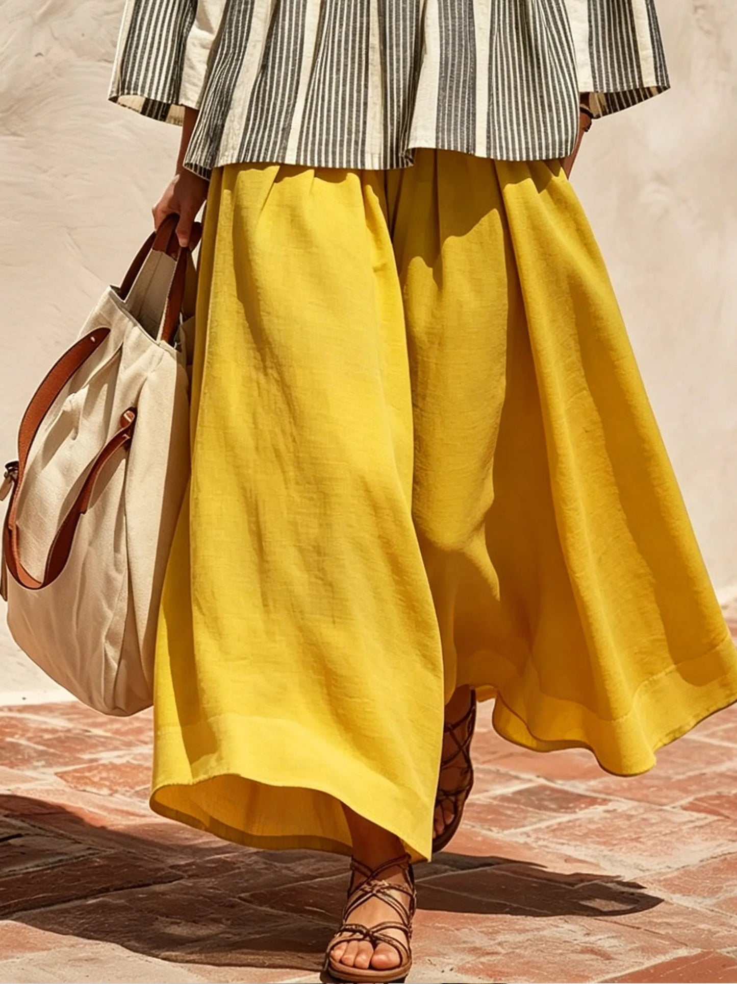 Womens High Waist Pleated Cotton Linen Wide Leg Culottes