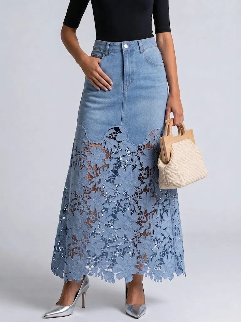 Stylish And Casual Patchwork Lace Denim Skirt
