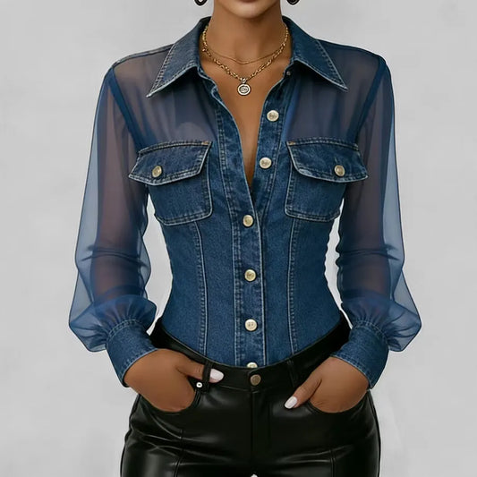 Denim Mesh Sleeve Corset Shirt Bodysuit