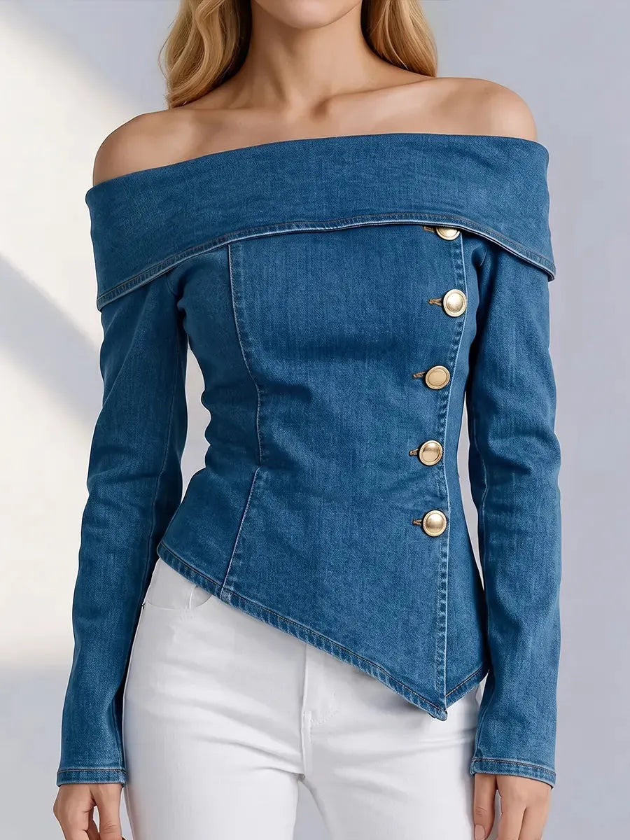 Contemporary Denim Off-the-Shoulder Asymmetrical Button-Up Top