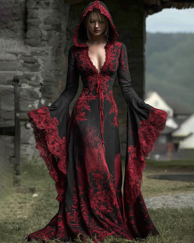 Halloween Themed Irregular Lace Patchwork Hooded Dress 7870