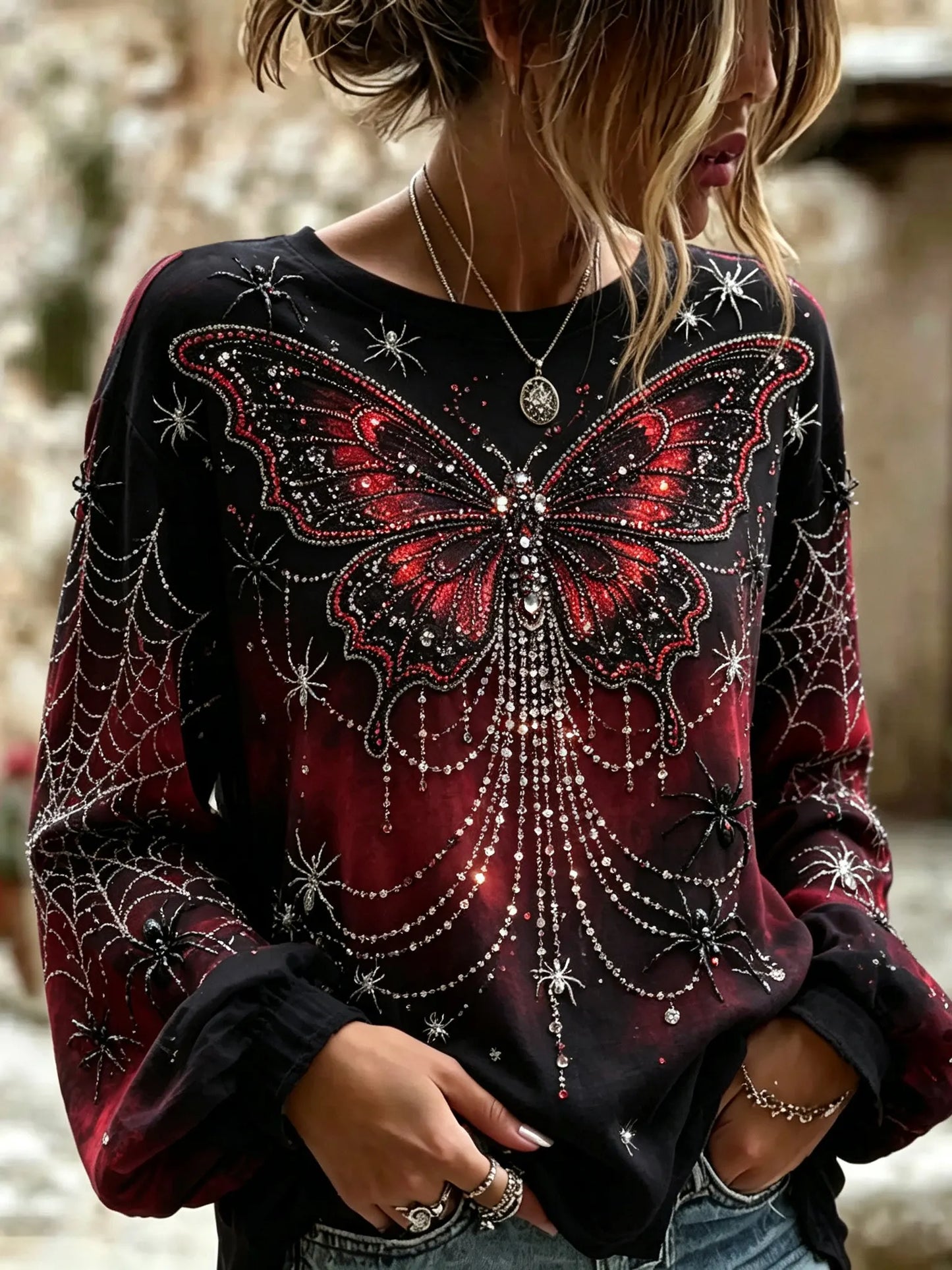 Women's Retro Halloween Butterfly And Spider Pattern Long-sleeved Top