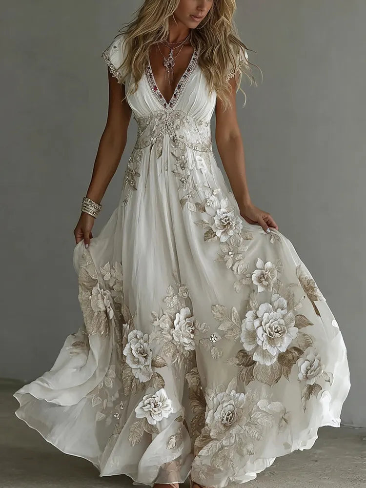 Women's Vintage Boho Floral Art Short-sleeved Maxi Dress