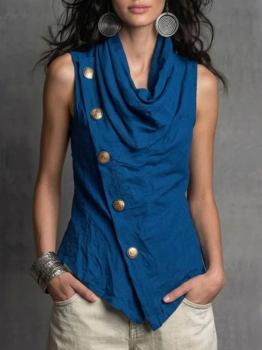 Stylish And Elegant Sleeveless Linen-cotton Blend Top With A Draped Neckline.