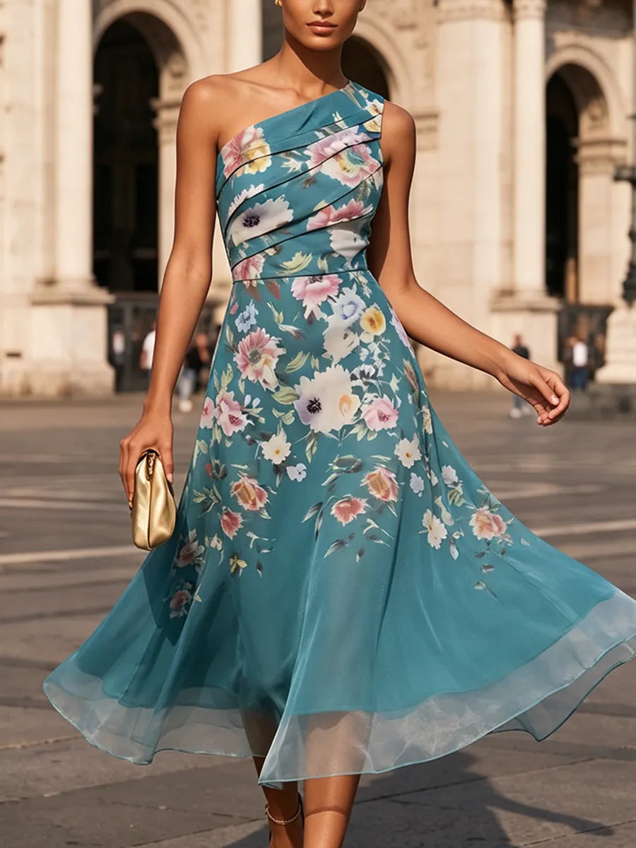 Elegant Vacation Party Floral Off-shoulder Midi Dress
