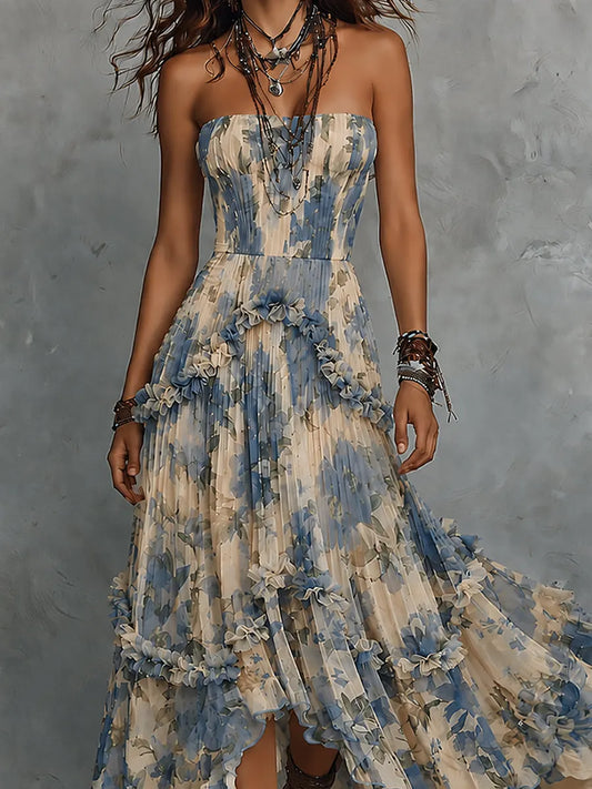 Elegant strapless printed chiffon maxi dress with ruffles