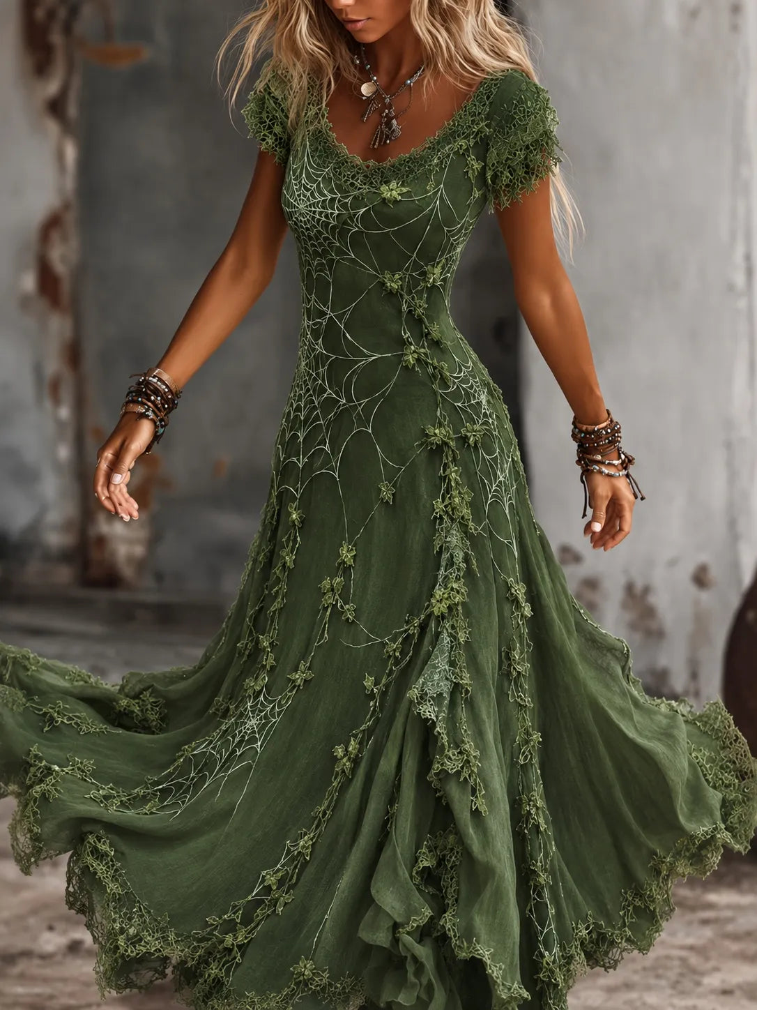 Women's Retro Gothic Spiderweb And Floral Lace Print Short-sleeve Mixi Dress