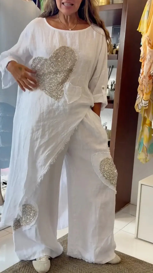 Women's Round Neck Cotton Linen Heart Sequin Casual Suit