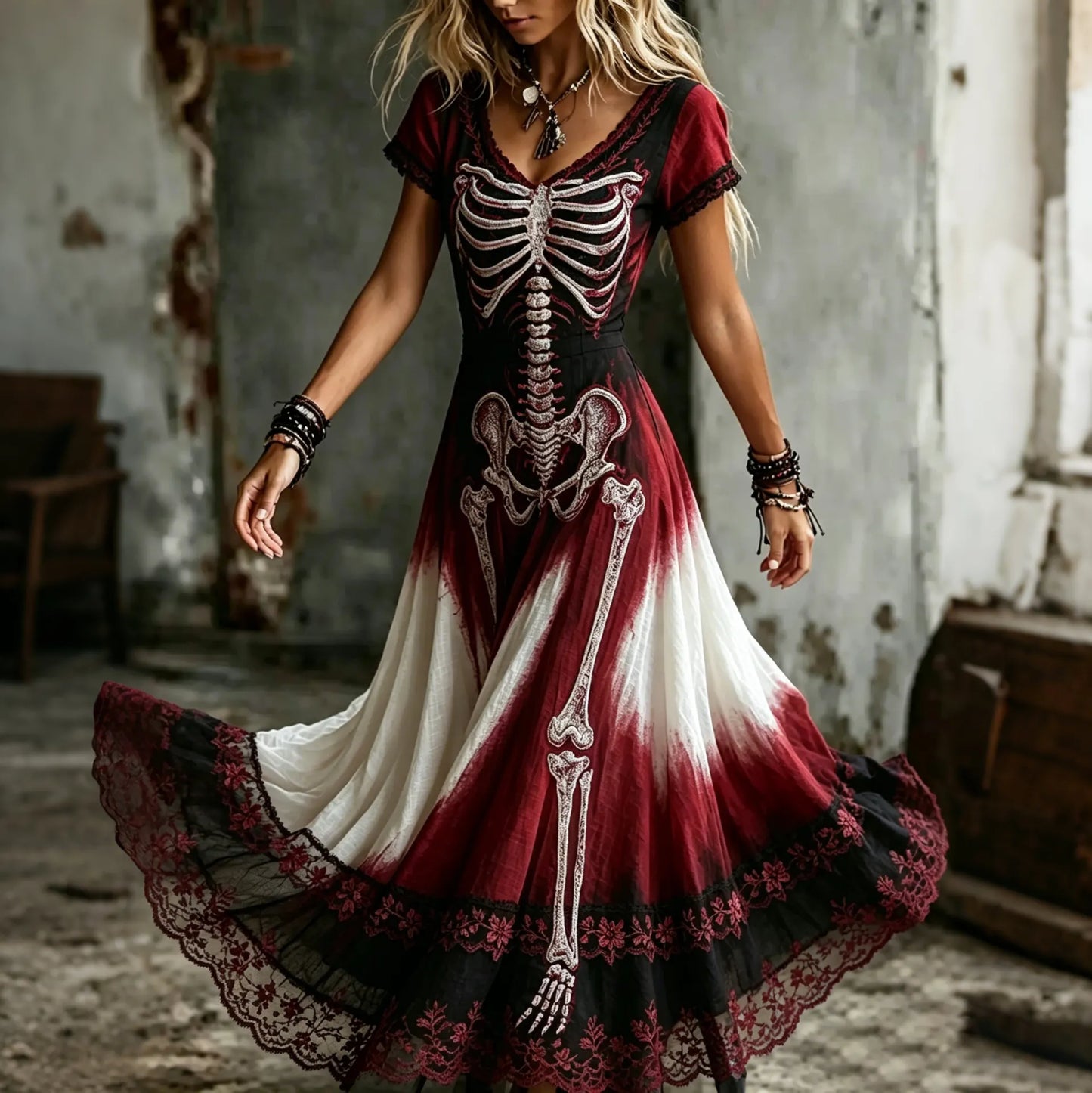 Women's Retro Gothic Skull Floral Lace Gradient Pattern Print Short-sleeve Mixi Dress