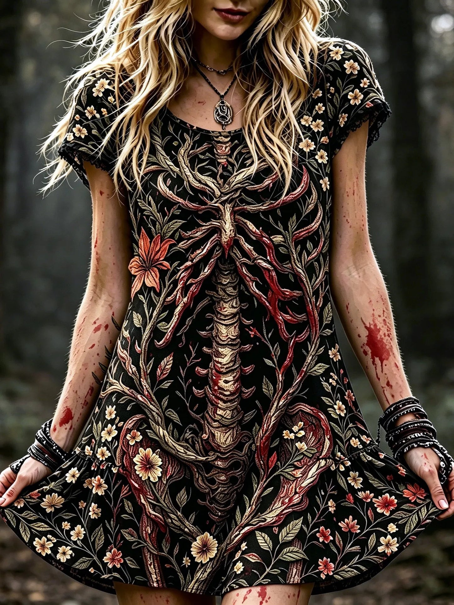 Women's Retro Halloween Style Bone And Floral Print Dress