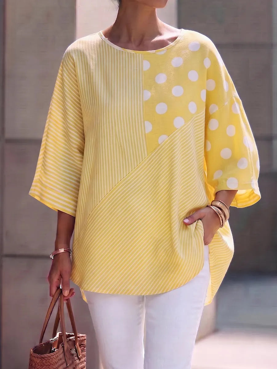 Sunny Yellow Striped And Polka-dot Patchwork Cotton-linen Top