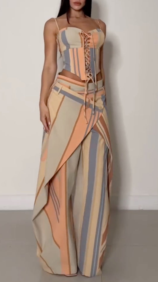 Stripe Corset Top & Wrap Overlay Wide Leg Pants Co‑Ord Set