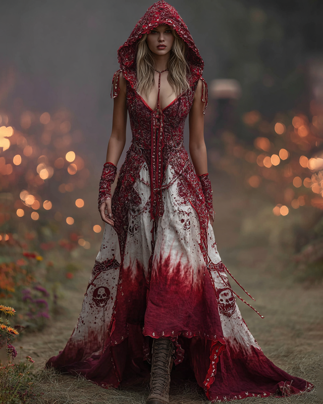 Halloween Themed Irregular Gradient Embroidered Lace Hooded Dress 22e8