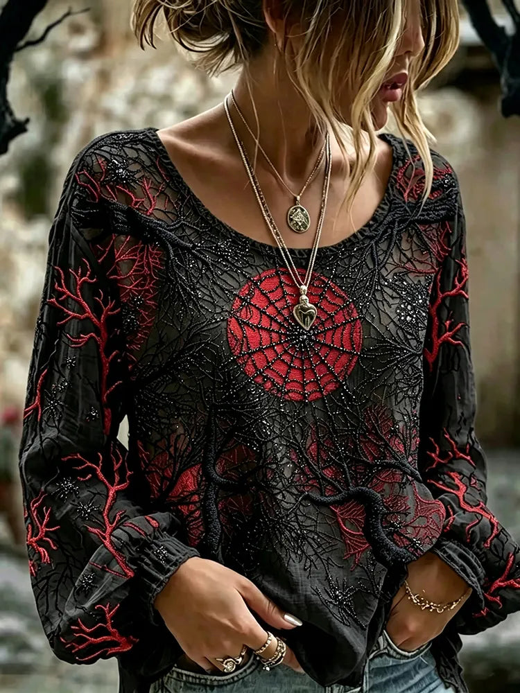 Women's Retro Halloween Spider Web And Branch Embroidery Pattern Round Neck Top