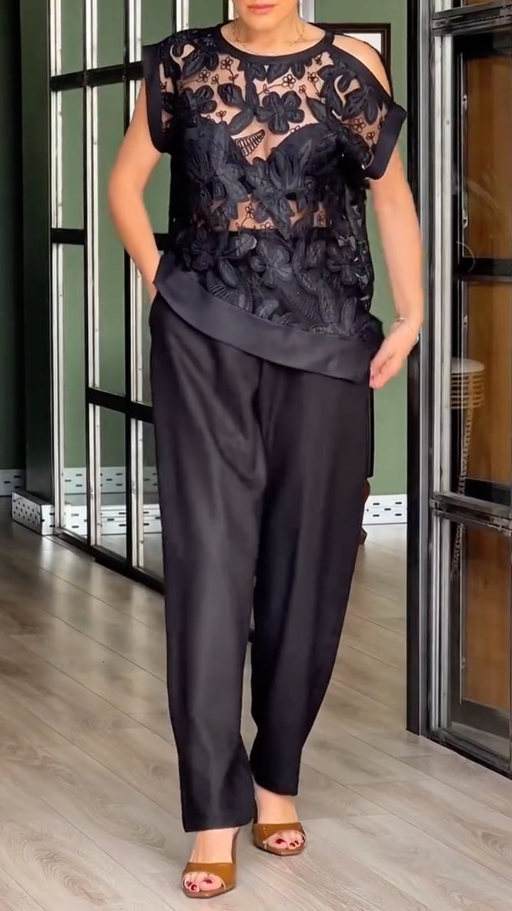 Floral Lace Cold-Shoulder Top & Trousers Co-Ord Set
