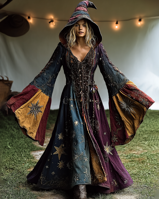 Halloween Themed Star And Moon Embroidery Contrast Patchwork Hooded Witch Dress 5cb1