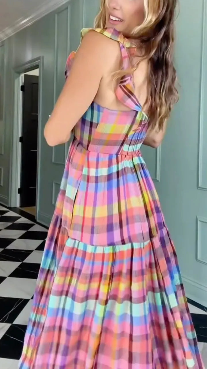 Colorful Plaid Ruffle Flutter Sleeve Square Neck Tiered Maxi Dress
