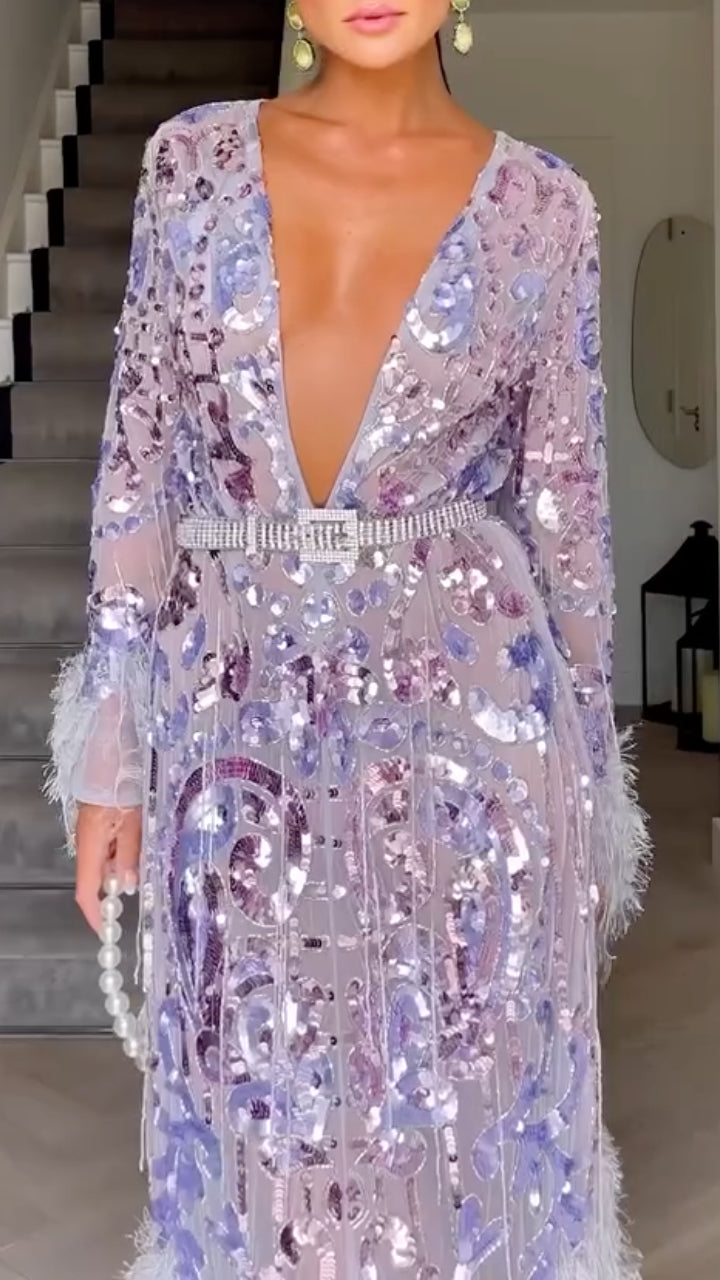 Lavender Sequin & Feather Midi Dress
