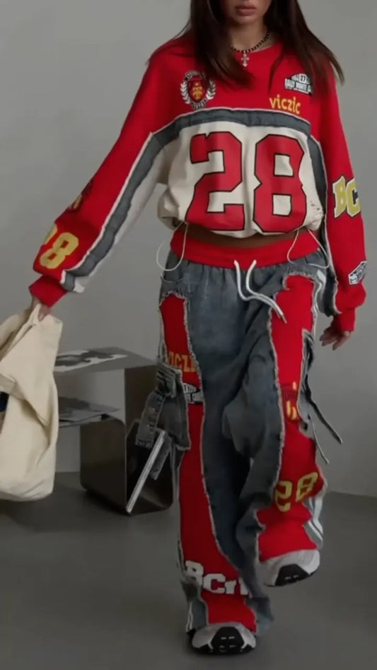 Denim Patchwork Racing Sweatshirt & Pants Co-Ord Set