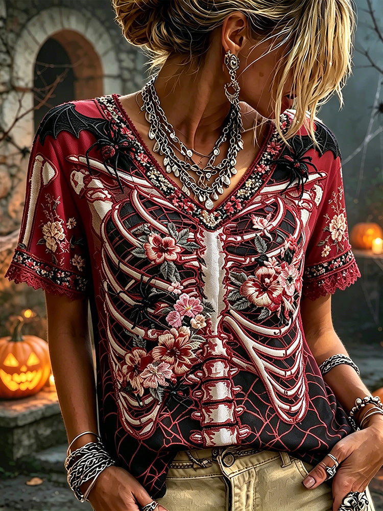 Gothic Skeleton Ribcage Floral Embroidery Halloween Bat Spider Lace V-neck Top