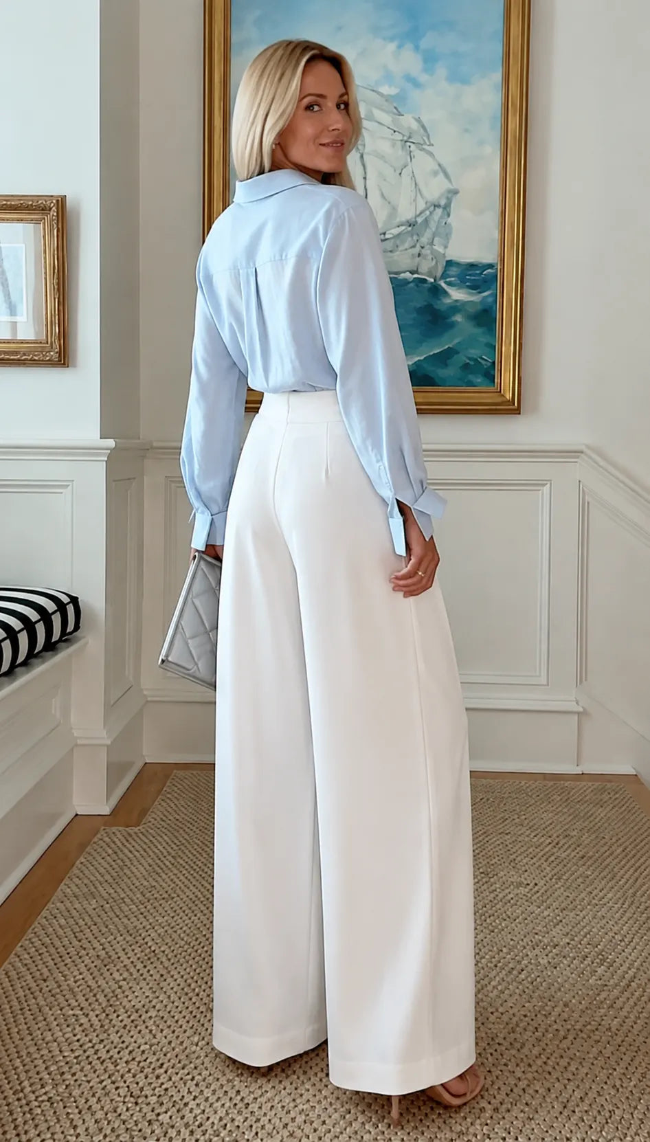 Linen Shirt & White High Waist Wide Leg Trousers