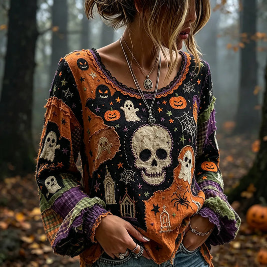 Women's Halloween Stitched Skull And Ghost Color-block Patchwork Casual Crewneck Long-sleeve Top