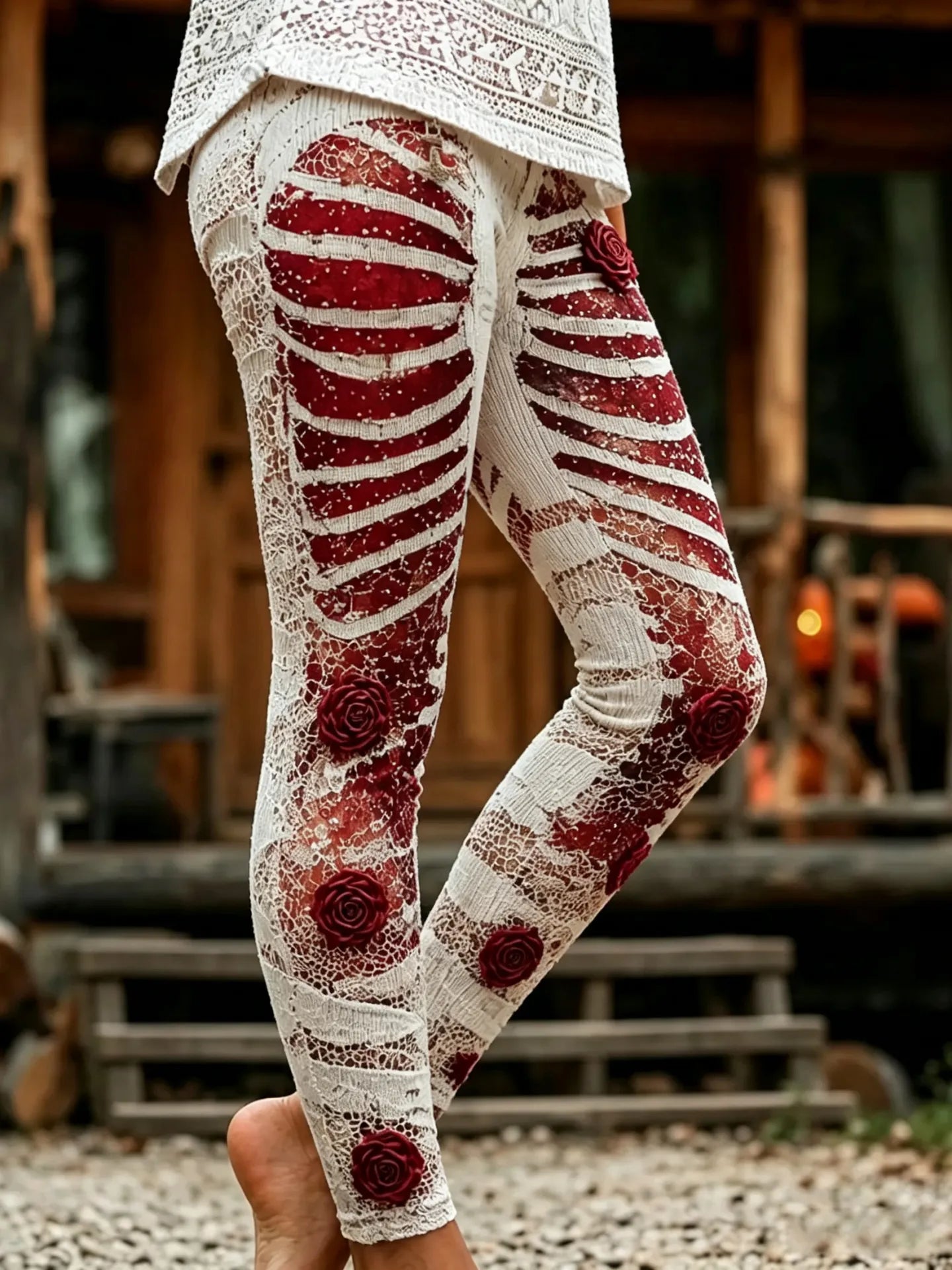 Women's Retro Halloween Rose Skull Print Leggings