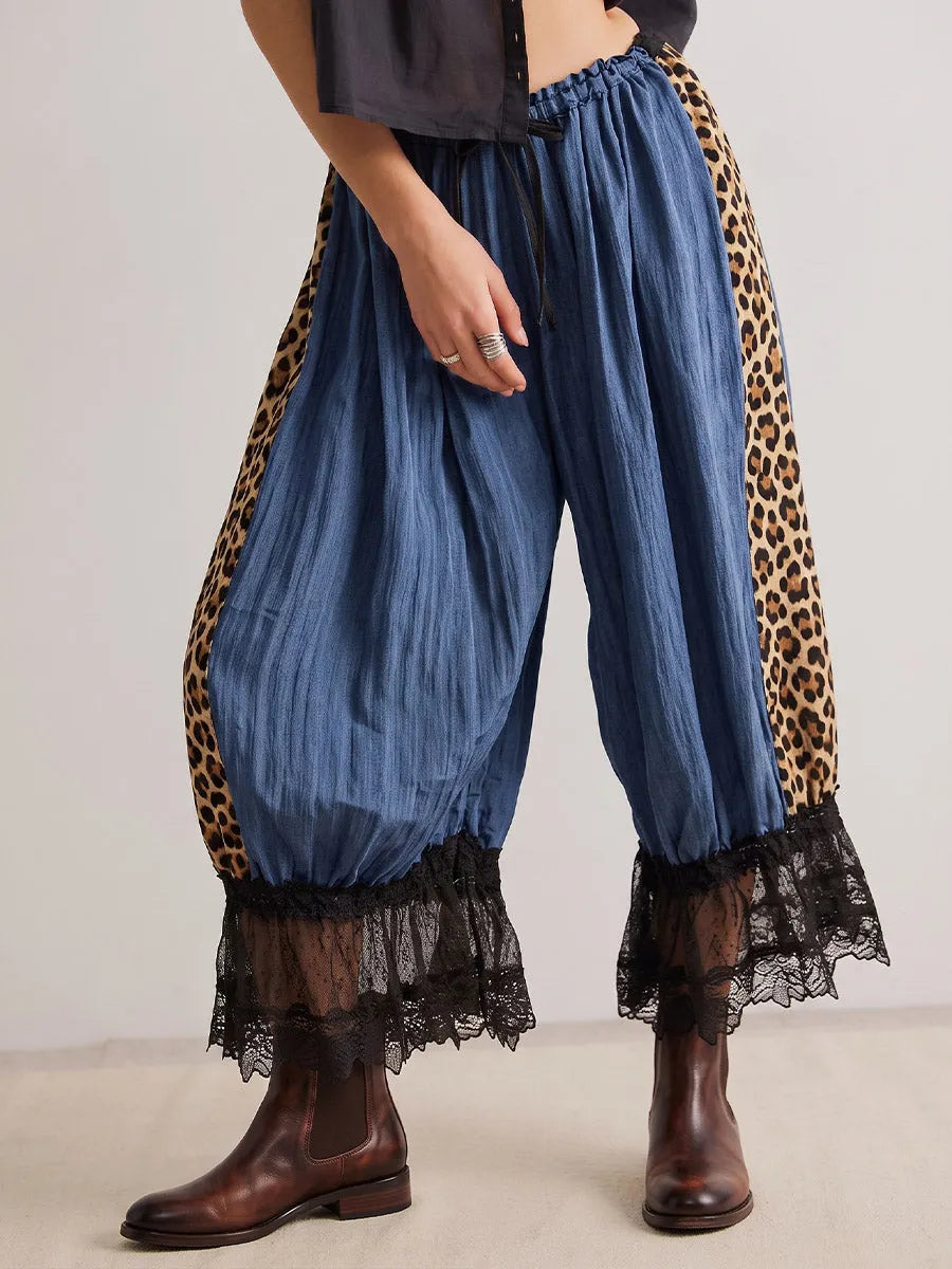 Vintage Art Comfortable Fabrics Hollowed Out Lace Patchwork Leopard Pants