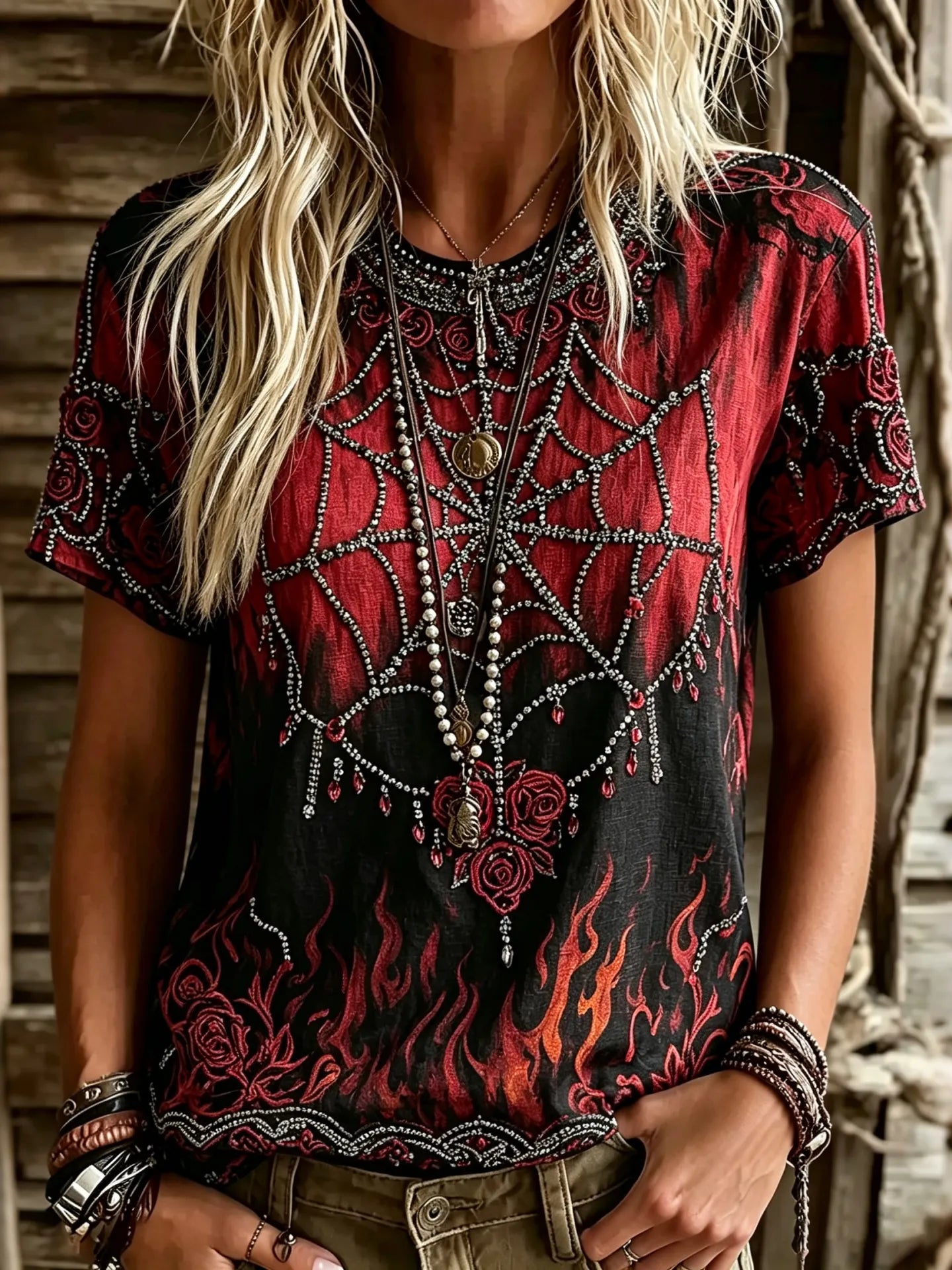 Women's Vintage Spider Flower Embroidery Short Sleeve Top