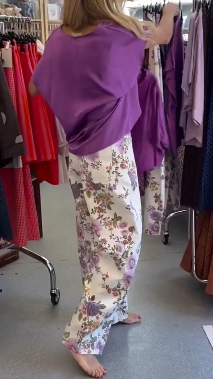V‑Neck Dolman Sleeve Top & Floral Print Wide Leg Pants Set