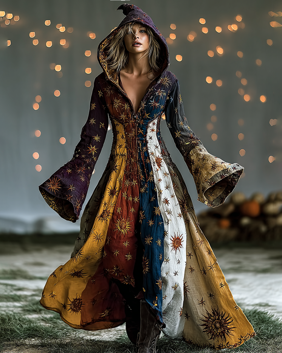Star And Moon Themed Embroidery Contrast Color Hooded Witch Dress a6ec