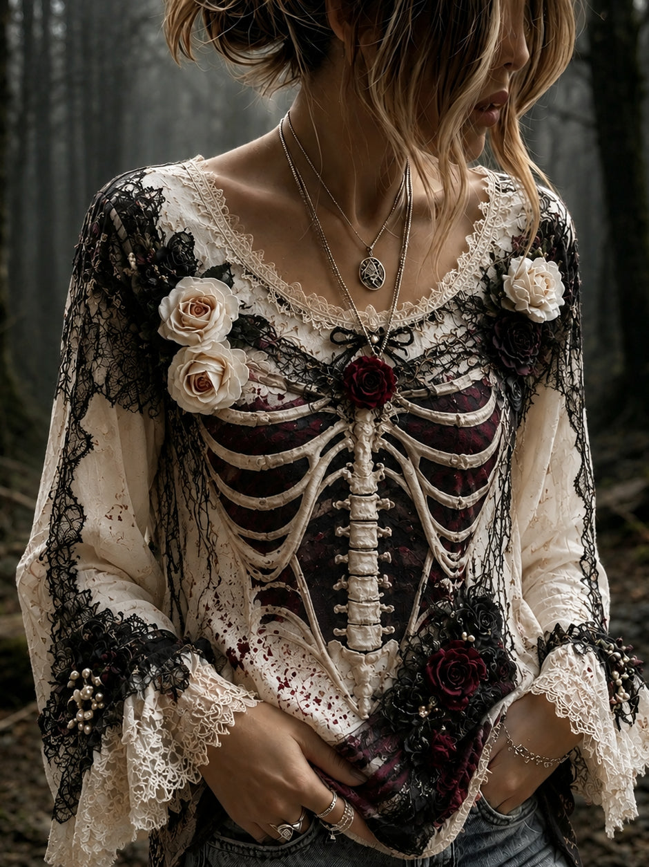 Women's Vintage Halloween Rose And Human Skeleton Art Crew Neck Long Sleeve T-shirt