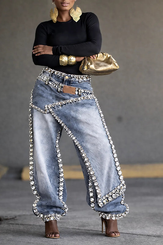Women's Diamond-Encrusted Faux Two-Piece Denim Jeans