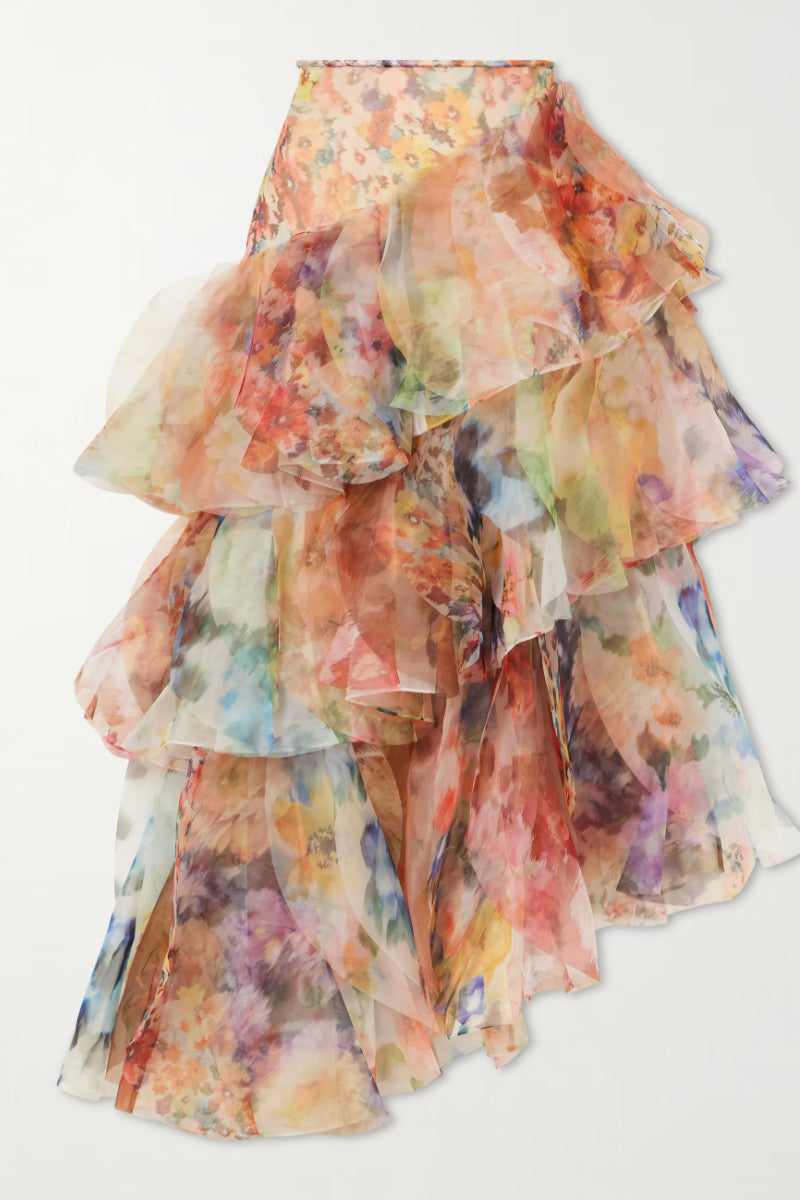 Multicolor Floral Tiered Ruffle Maxi Skirt