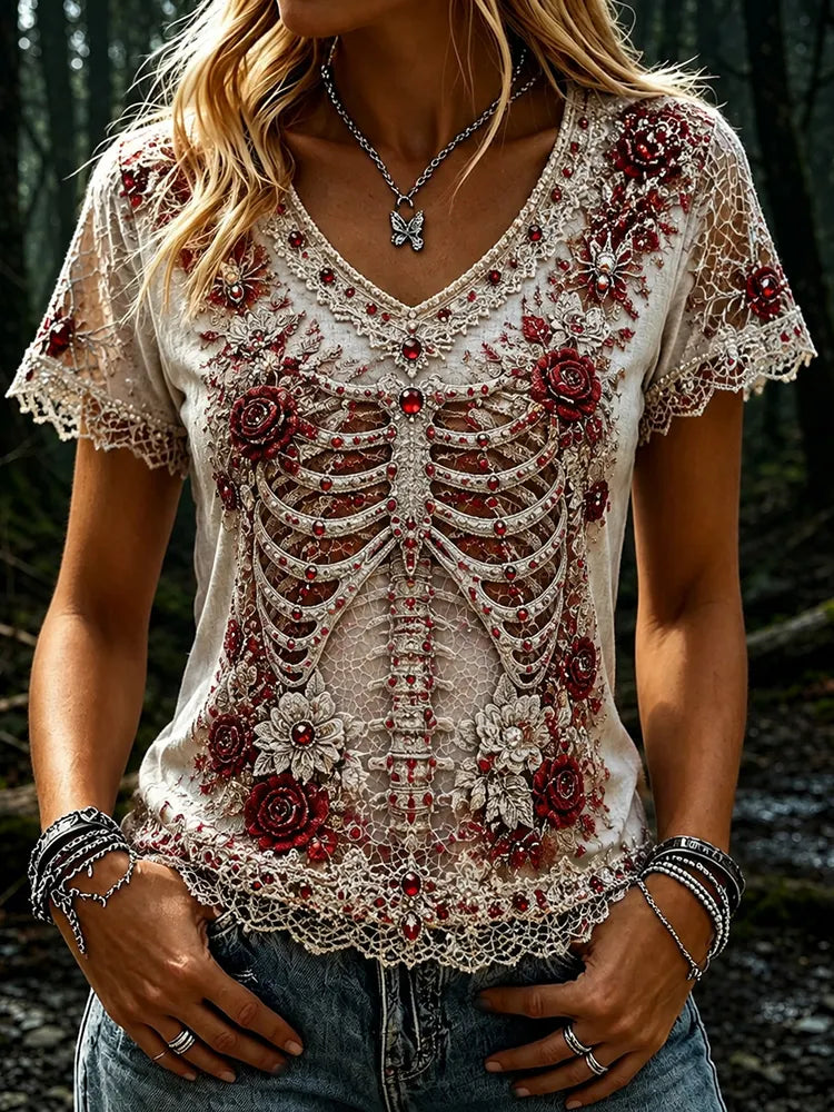 Women's Vintage Halloween Skull And Rose Art V-neck Short Sleeve T-shirt