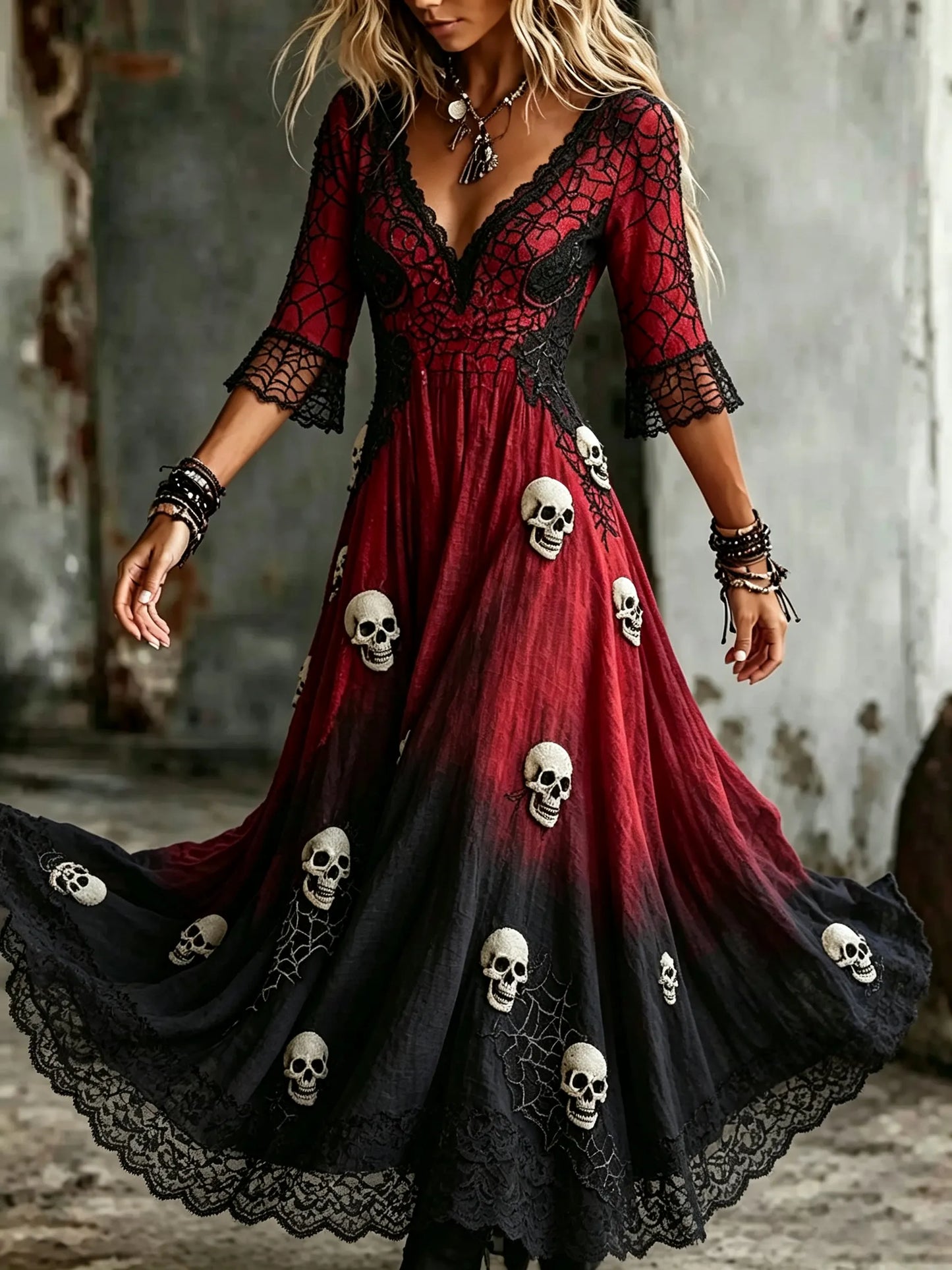 Women's Retro Gothic Skull Floral Lace Gradient Pattern Print Mixi Dress