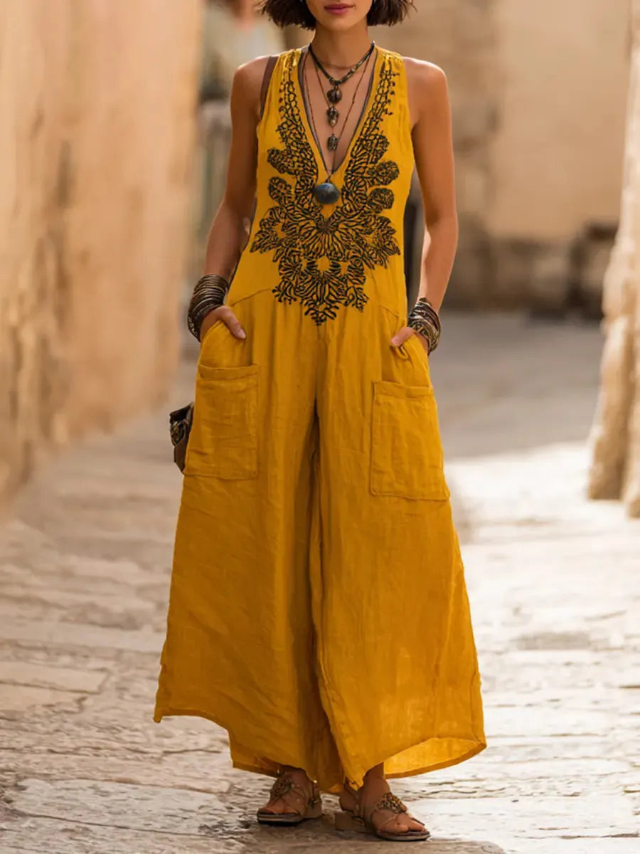 Vibrant Ethnic Pattern Print Wide-leg Jumpsuit