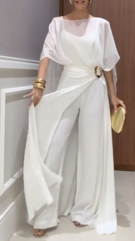 Women's Two-Piece Chiffon Casual Set (Faux Two-Piece Top + Faux Two-Piece Pants)