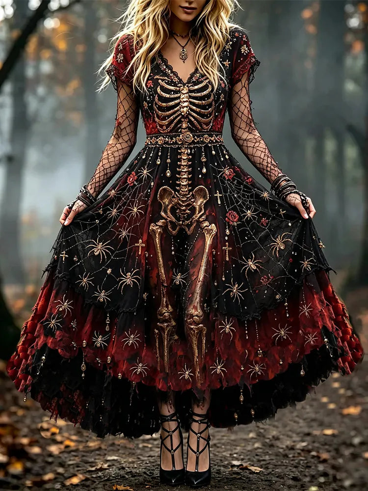 Women's Halloween Skull And Spider Art Distressed V-neck Short Sleeve Dress