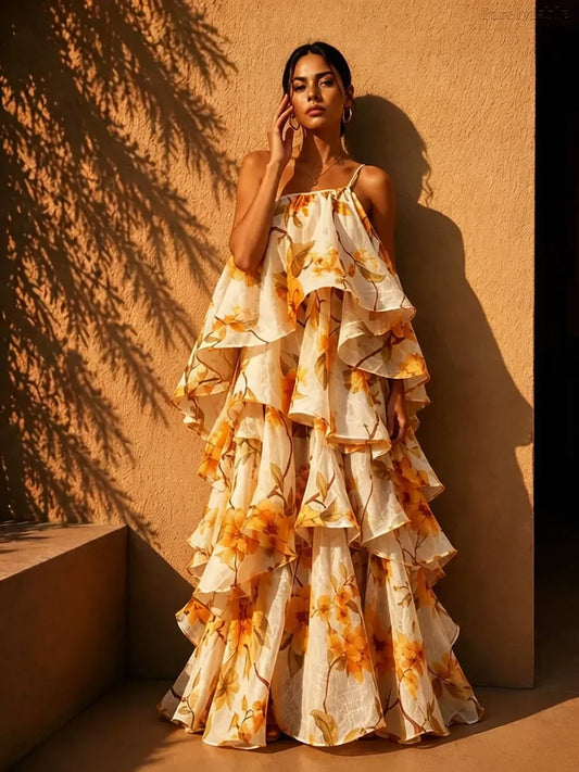 Yellow Floral Print One Shoulder Ruffle Hem Maxi Dress