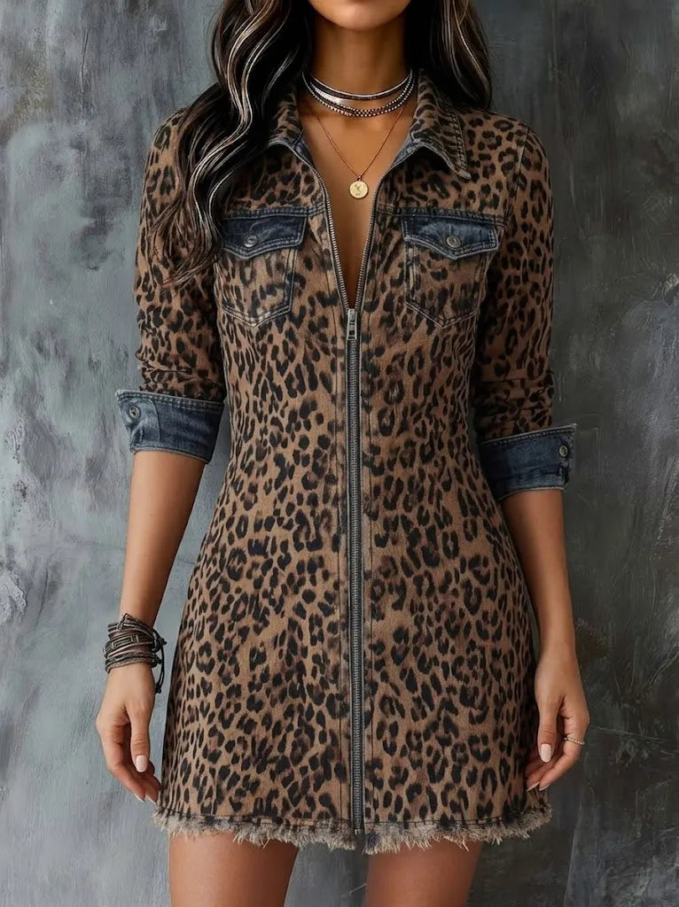 Casual Leopard Print Patchwork Zip-front Denim Mini Dress