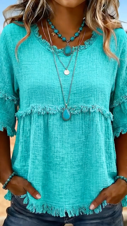 Women's Round Neck Casual Top With Frayed Edges